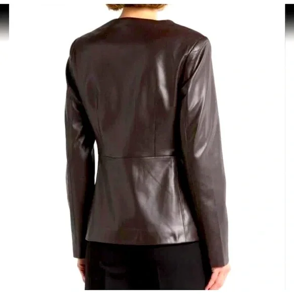 Elie Tahari V-Neck Vegan Leather Single Button Jacket, Chocolate Brown - Picture 2 of 7